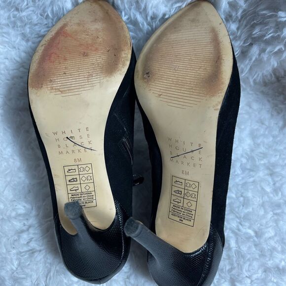 White House Black Market Black suede ankle boots reptile prints trims Size 8M - Picture 10 of 11